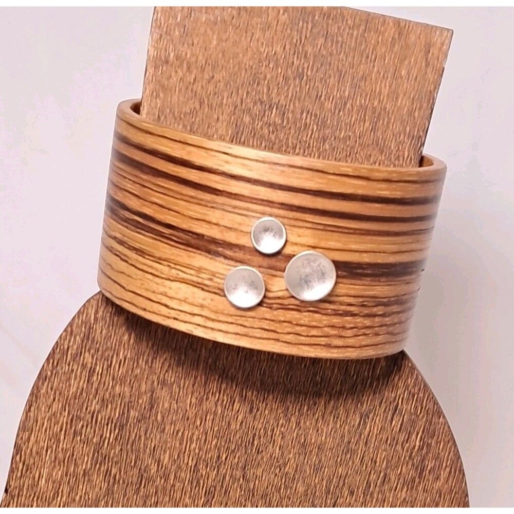 Rosewood Silver Discs 1 3/8" Wide Cuff Bracelet Size 6.5 Wood Artisan Boho EUC